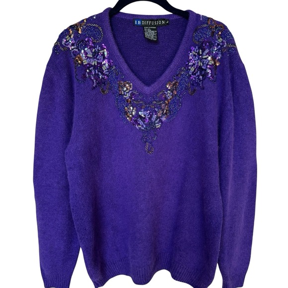 VTG 1990s IB Diffusion Pullover Sweater Size L Sequined Silk Angora Lambswool - Picture 1 of 15